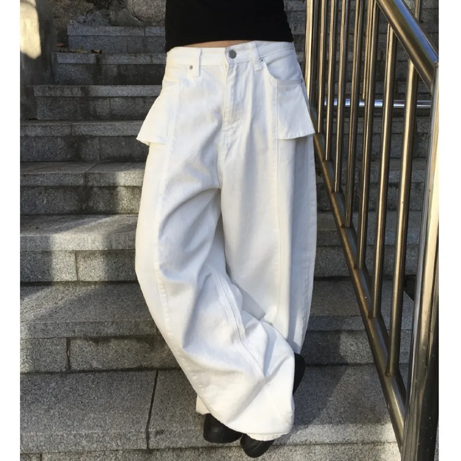 

Повседневные брюки с высокой талией и широкими штанинами, женские корейские шикарные осенние джинсовые длинные брюки со сложенным подолом