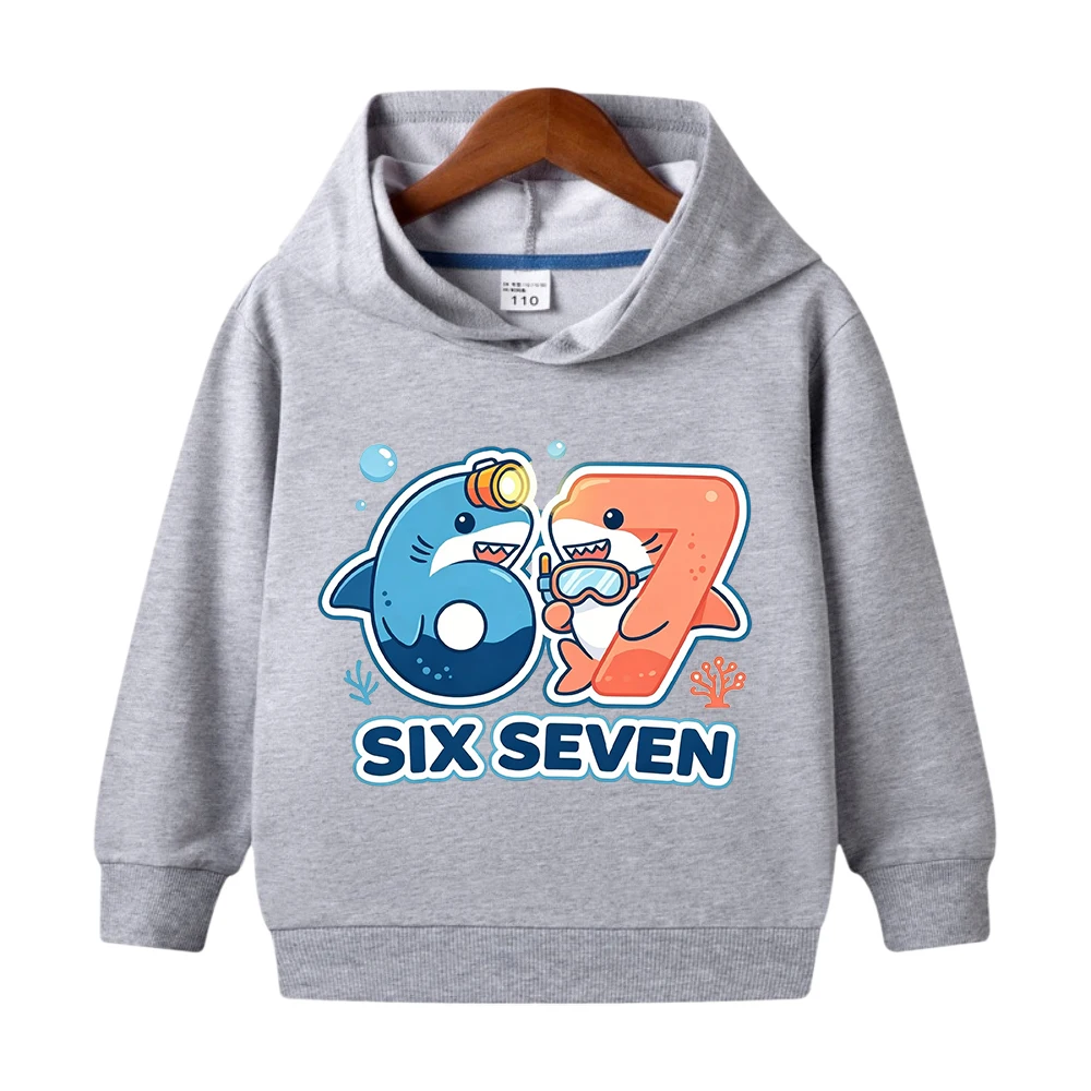Funny 67 Six Seven Letter Shark Graphic Hoodie Boys Girls Kids Autumn Comfort Long Sleeve Fashion Sweatshirt