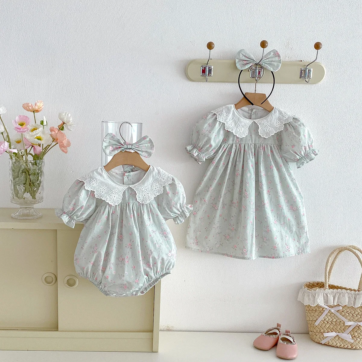 2026 Summer Baby & Toddler Matching Floral Outfits Puff Sleeve Lace Collar Bodysuit & Dress For Little & Big Sisters
