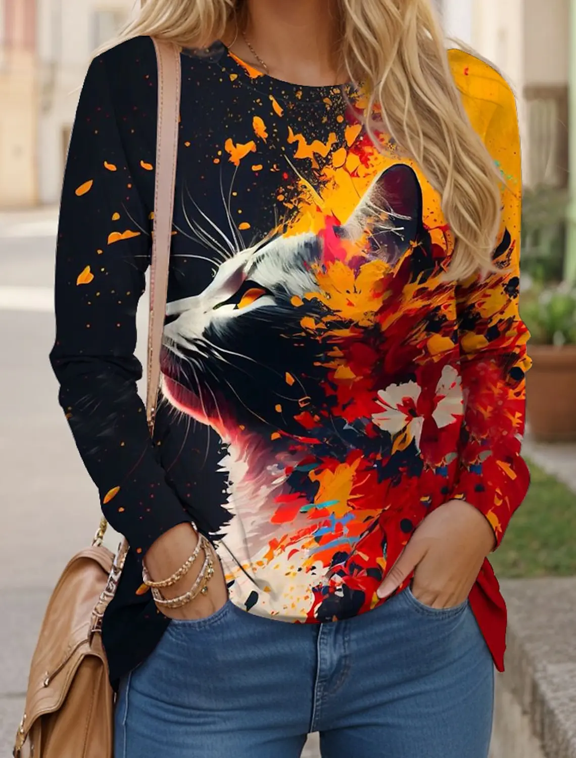 Women's T shirts Tees Cat 3D Yellow Red Blue Print Long Sleeve Daily Weekend Fashion Funny Round Neck Regular Fit Spring & Fall