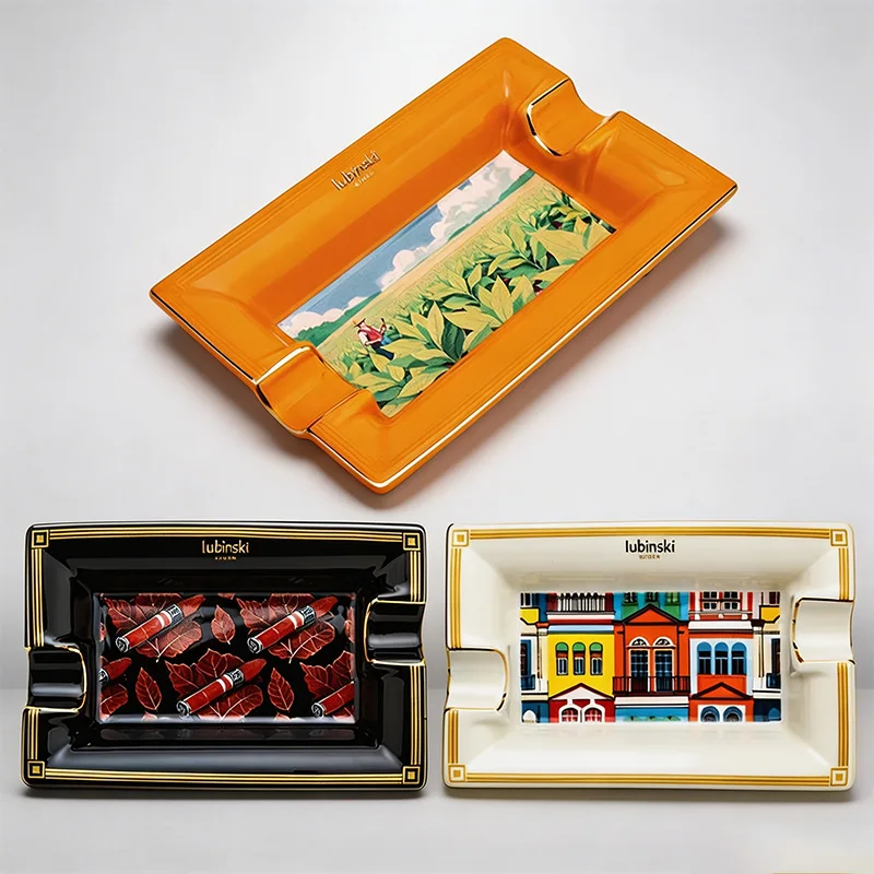 Cigar ashtray,painted ceramic, dual-slot design with gold trim, anti-slip, dedicated for cigars, gift box packaging Gift