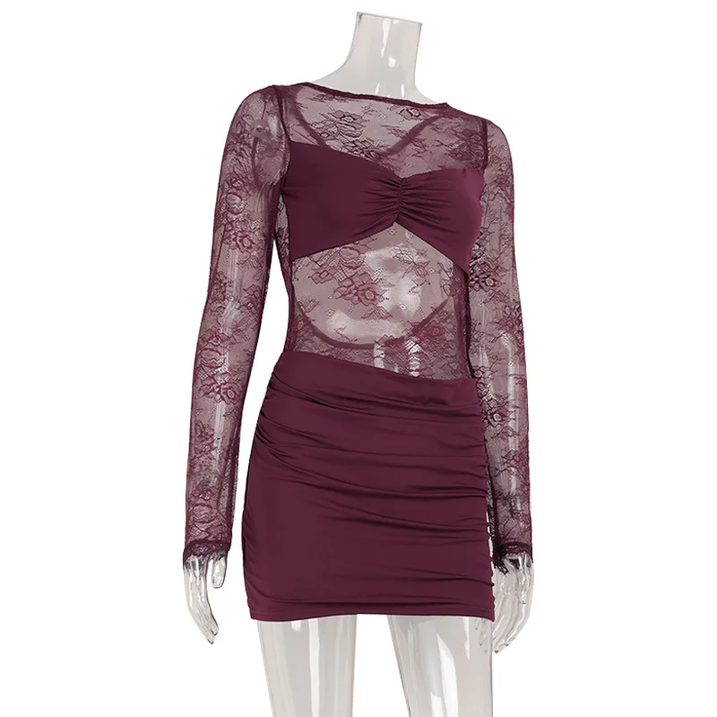 백리스 시스루 메쉬 레이스 패치워크 바디콘 미니 드레스 여성 패션 O넥 긴팔 루치드 슬림 나이트 클럽웨어 베스티도스