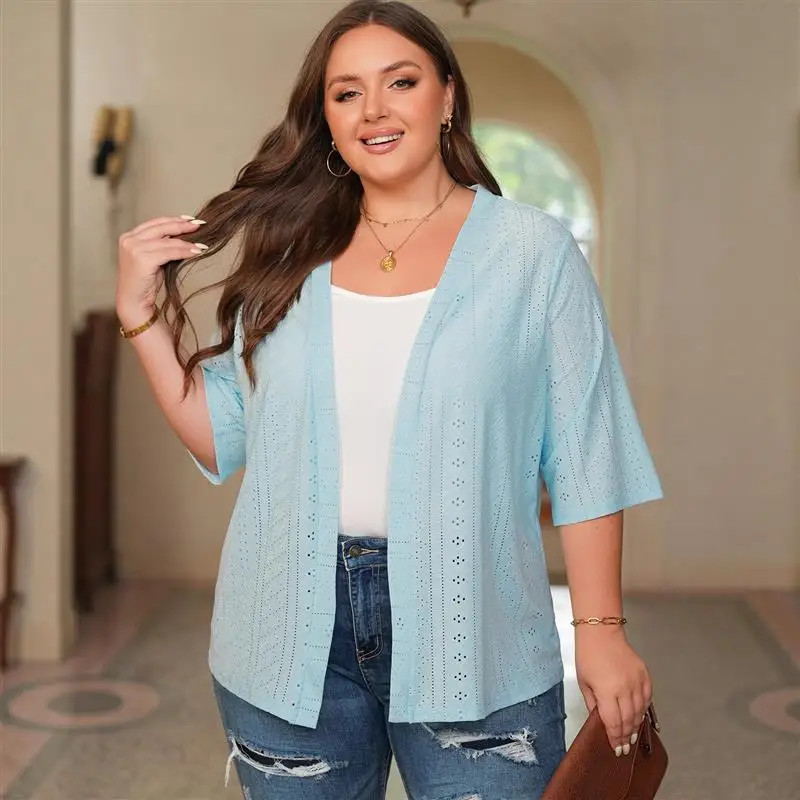 

Large Size Knitted Sweater Ladies Open Cardigan Textured Loose Top Casual Sle Pure Color Big Fluffy Flower Embroidery