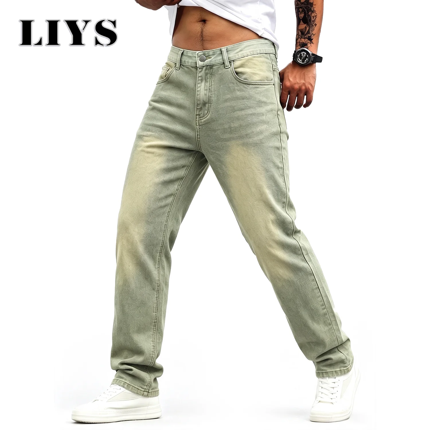 LIYS Men Vintage Faded Olive Green Elastic Slim Fit Straight Leg Jeans American Street Style Minimalist Daily Casual Denim Pants