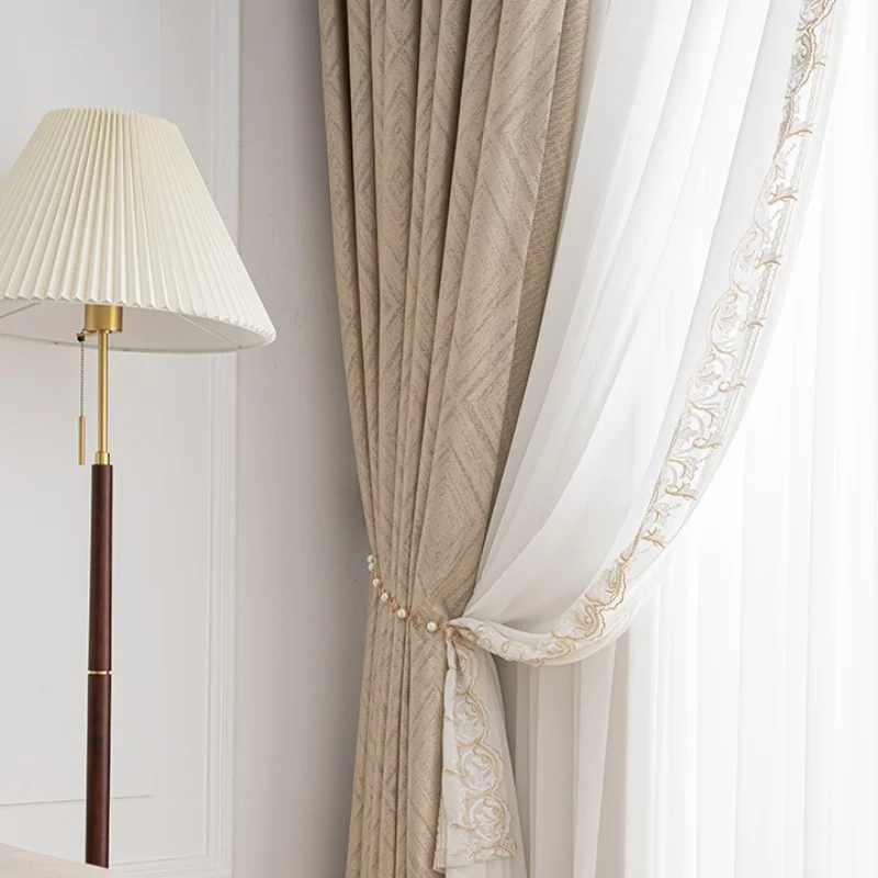 Mode Einfache Luxus Vorhänge Für Wohnzimmer Schlafzimmer Verdunkelung Milch Tee Hohe Präzision Chenille Textur Tüll Individuelles Fenster – Detail 1