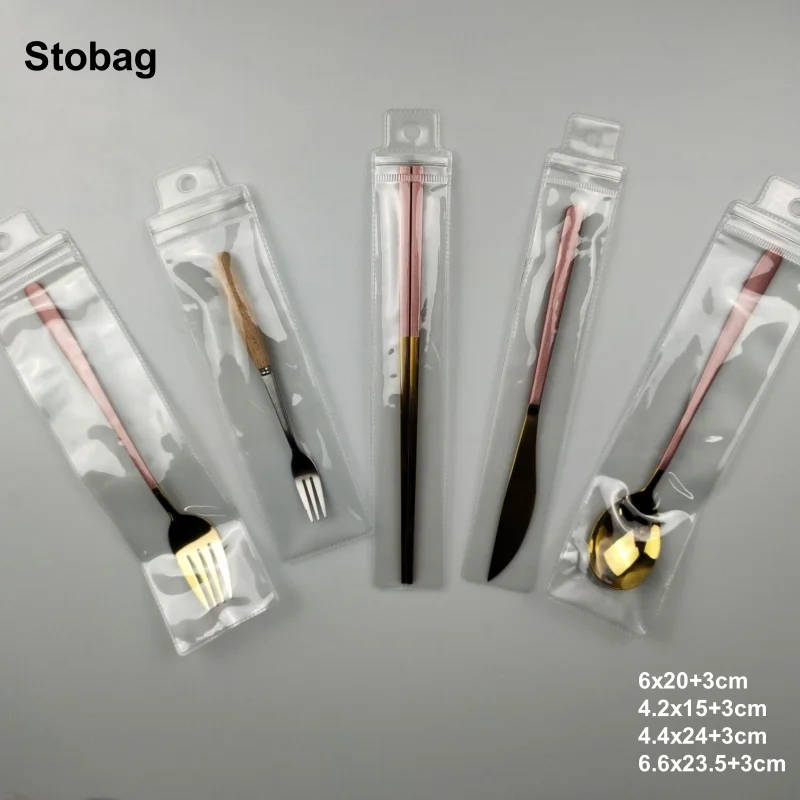 

StoBag 50pcs Wholesale Transparent Long PVC Ziplock Bag Clear Hanging Hole for Fork Spoon Packaging Storage Pouch Plastic Sealed