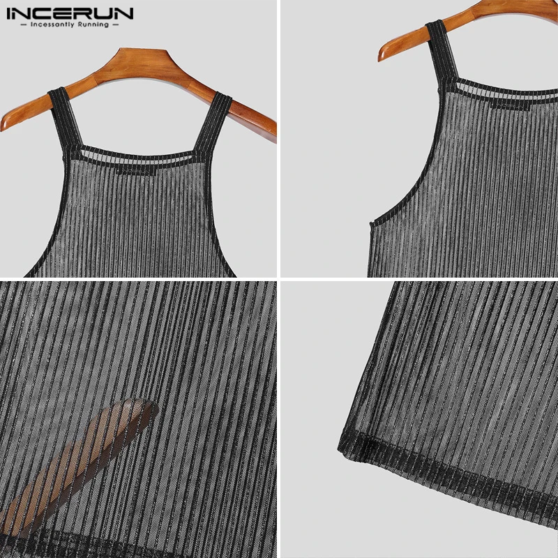 INCERUN Tops 2025 American Style Fashion Men Sparkling Fabric Stripe Perspective Mesh Vests Casual Clubwear Male Thin Tank Tops image 4