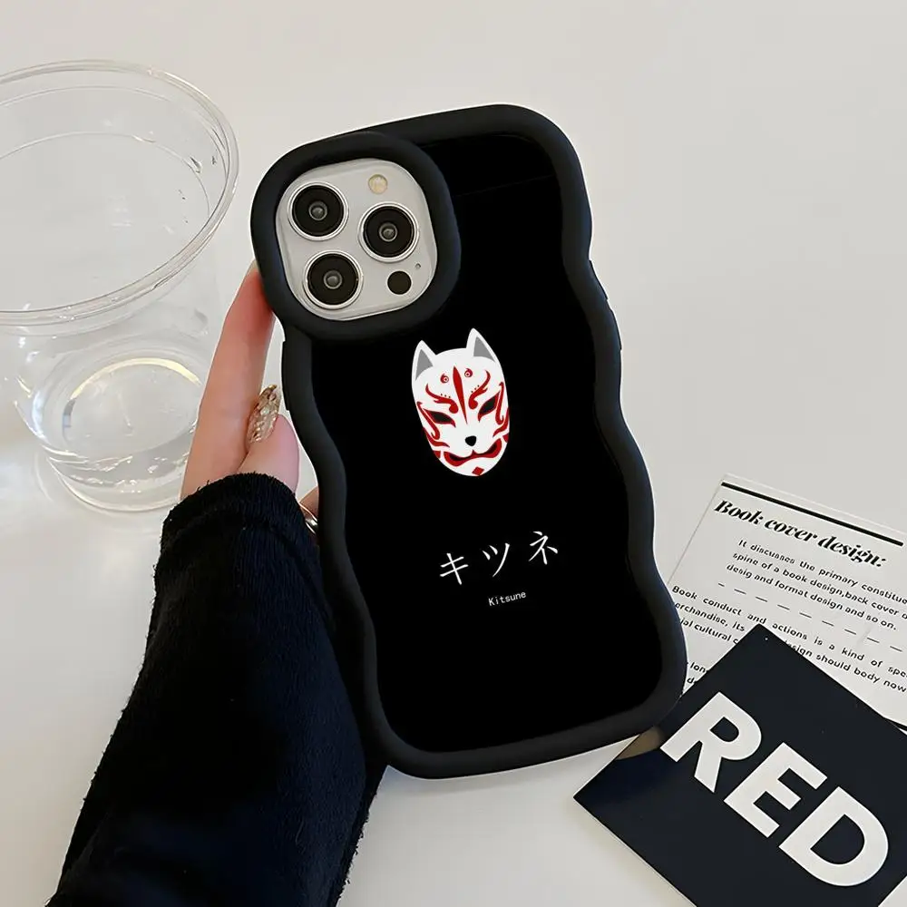 

Kitsune Fox Mask Phone Case for iPhone 17 16 15 14 13 12 11 Air Pro Max Plus Black Soft TPU Wavy Edge Cover