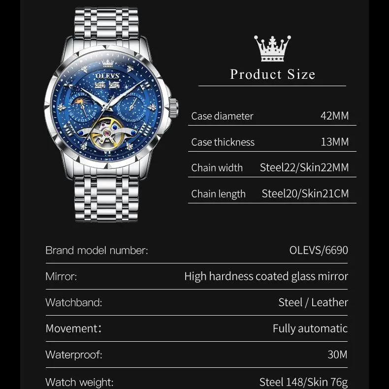 OLEVS 6690 Automatic Watch for Men Starry Sky Tourbillon Design Moon Phase Date Stainless steel Luminous Waterproof Wristwatch