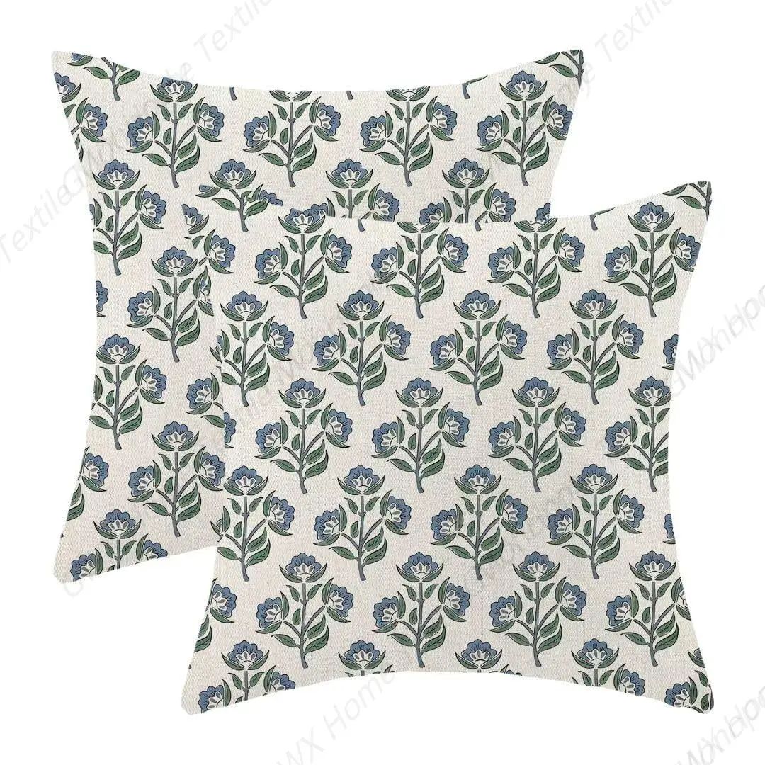 Block Print Floral Pillow Covers 18 X 18 Inch Set of 2, Blue Green Vintage Flower Decorative Throw Pillow Covers