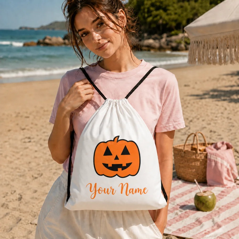 1pc Custom Name Halloween Pumpkin Drawstring Backpack, Personalized Jack O Lantern Print Lightweight String Storage Bag