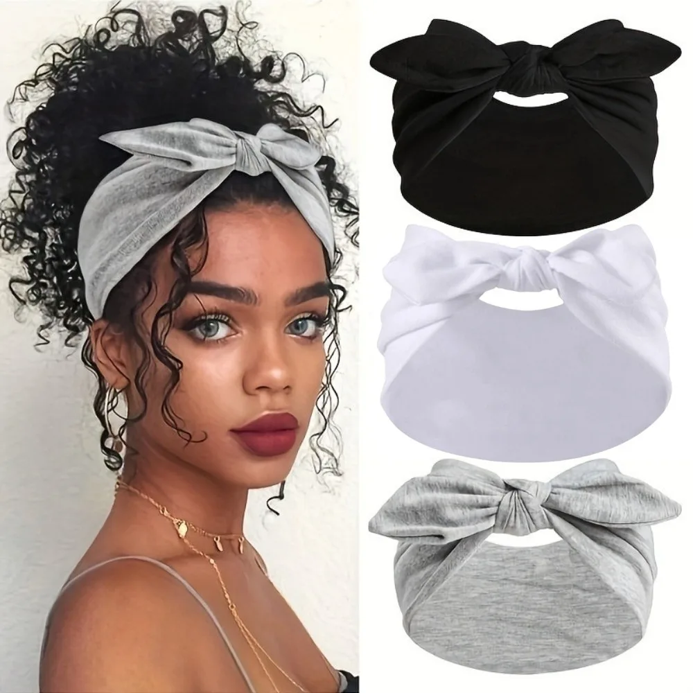 3pcs Breathable Non-Slip Bow Knot Hairband Rabbit Ear Soft Elastic Headband Solid Color Sweat Wicking Head Scarf Fitness
