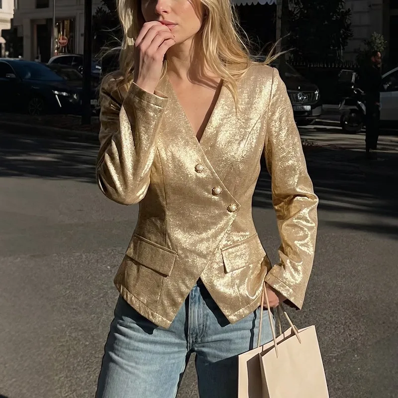 Women's Fitted Vintage V Neck Long Sleeve Slim Fit Solid Color Three Button Blazer with Pearl Button and Back Seam Detail