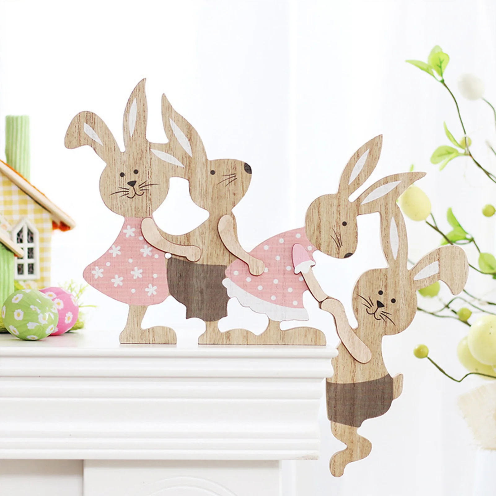 Easter Seesaw Bunny Wooden Decor DIY Colorful Festive Animal Tabletop Ornaments Suitable for Bedroom Living Room