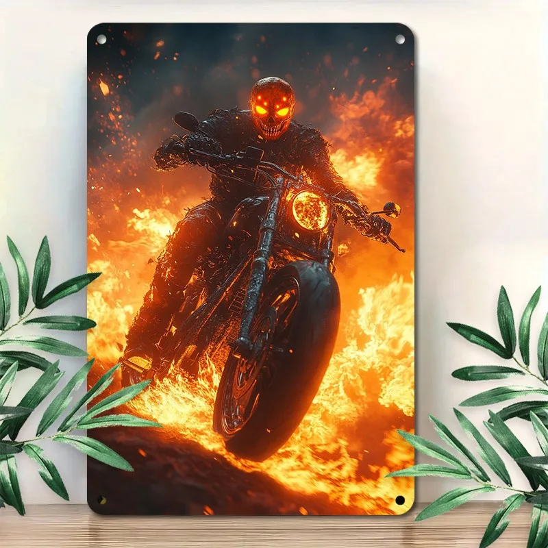 

Aluminum Metal Wall Art: Ghost Rider - Inspired Biker on Flaming Motorcycle, Ideal for Edgy Decor, 7.9x11.8" or 11.8x17.7"