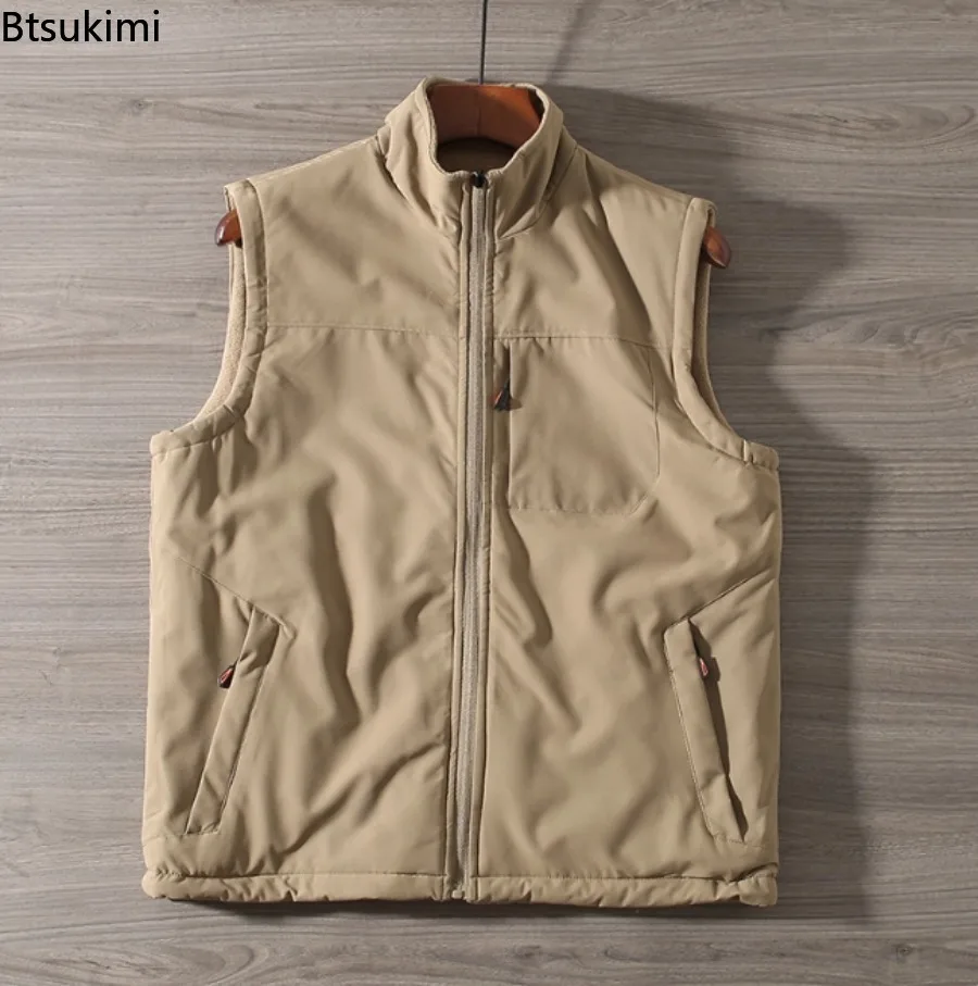 Men's Reversible Waistcoat Outdoor Windproof Rainproof Climbing Hiking Vest 2025 Winter Solid Stand Collar  Sleeveless Jackets
