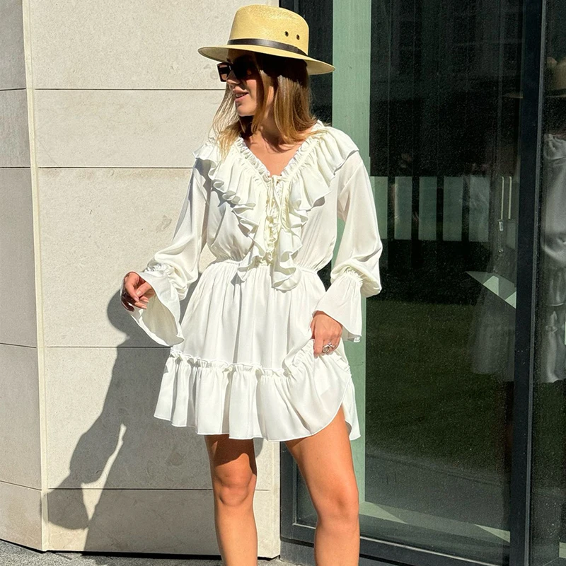 Femmes à volants col en V Mini robe taille haute décontractée à manches longues robe élégante Patchwork une ligne Verstido à lacets robes de mode