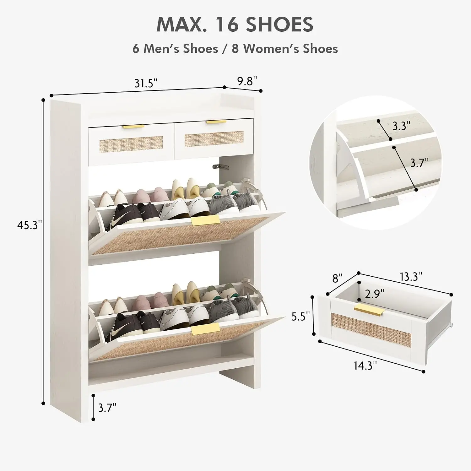 Slim Rattan Shoe Cabinet Flip Drawers Entryway & Door, Narrow Hidden Organizer, Boho White Set Of 2, Customized
