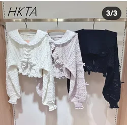 Japanese Style Hand-hooked Sweet Girls Lantern Sleeve Hollow Short Knitwear Cardigan Liz Sweater Women's Lolita Bow Knitted Coat