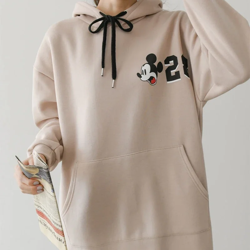 Disney Mickey Mouse Hoodies for Women Hooded Sweatshirt Dresses Fall Winter Warmth Casual Long Dress Coats Loose Knee Length