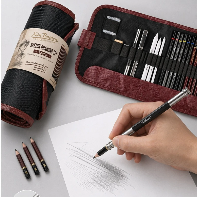 28Pcs Sketch Pencil Set with Roll‑Up Pouch Complete Drawing Kit Art Supplies for Sketching Shading Artist Beginner Painting