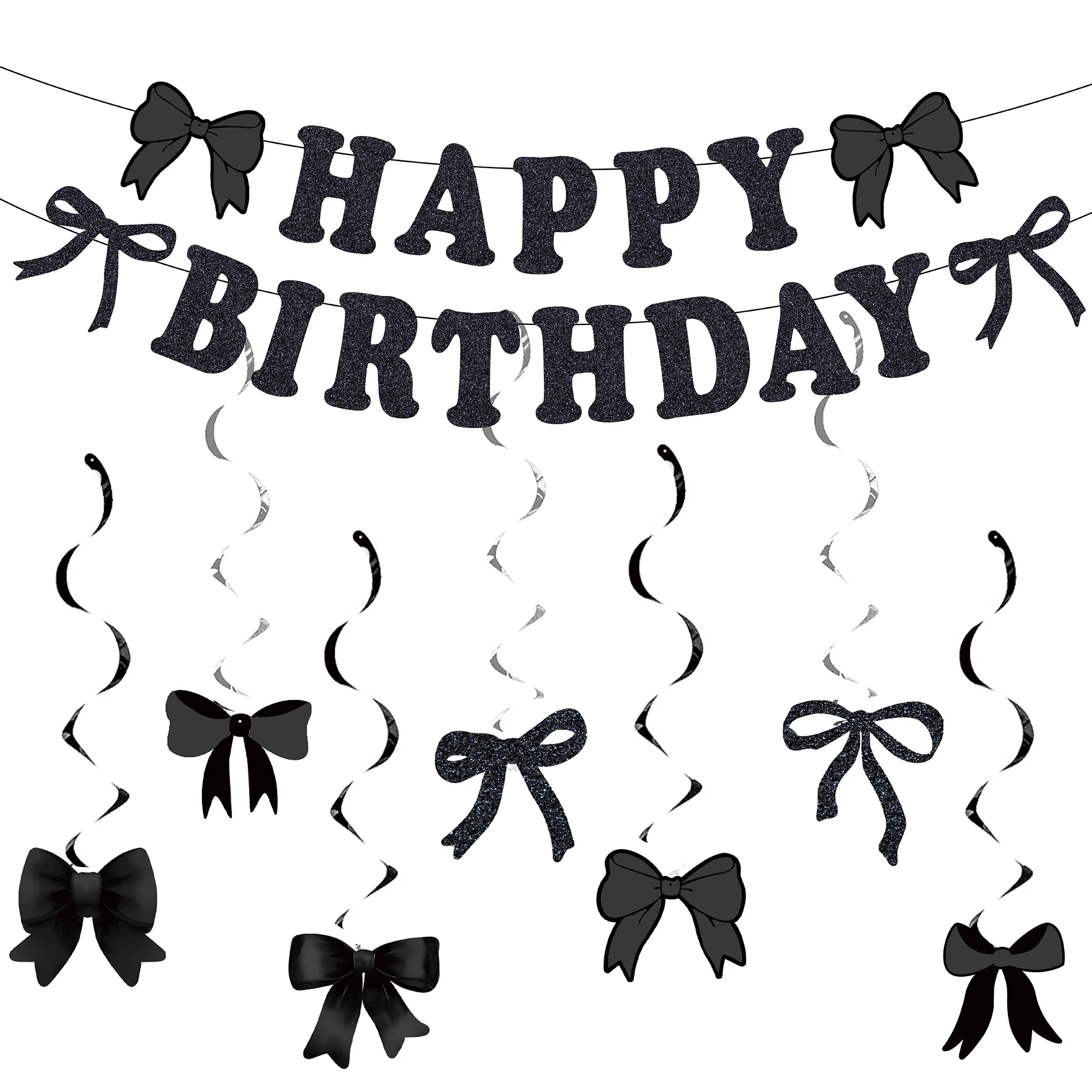 Czarna kokardka Girlanda Kokarda Dekoracje urodzinowe Czarna kokardka Wiszące wiry Happy Birthday Banner dla dziewczynek Happy Bowday Rekwizyty fotograficzne