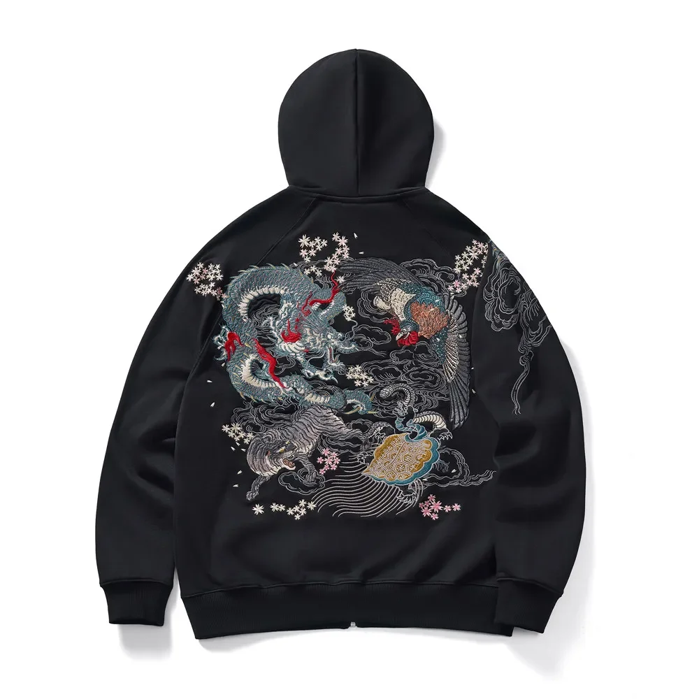 Hip Hop Vintage Zip Hoodie High Quality Dragon Embroidery 2023 Autumn Men Japanese Harajuku Streetwear Hoodie