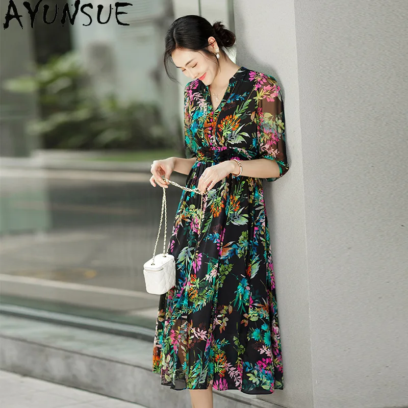 

AYUNSUE 100% Natural Mulberry Silk Dresses Woman Clothes V-Neck Mid Length Elegant Dress High Quality Summer Dress Jupe Femmes