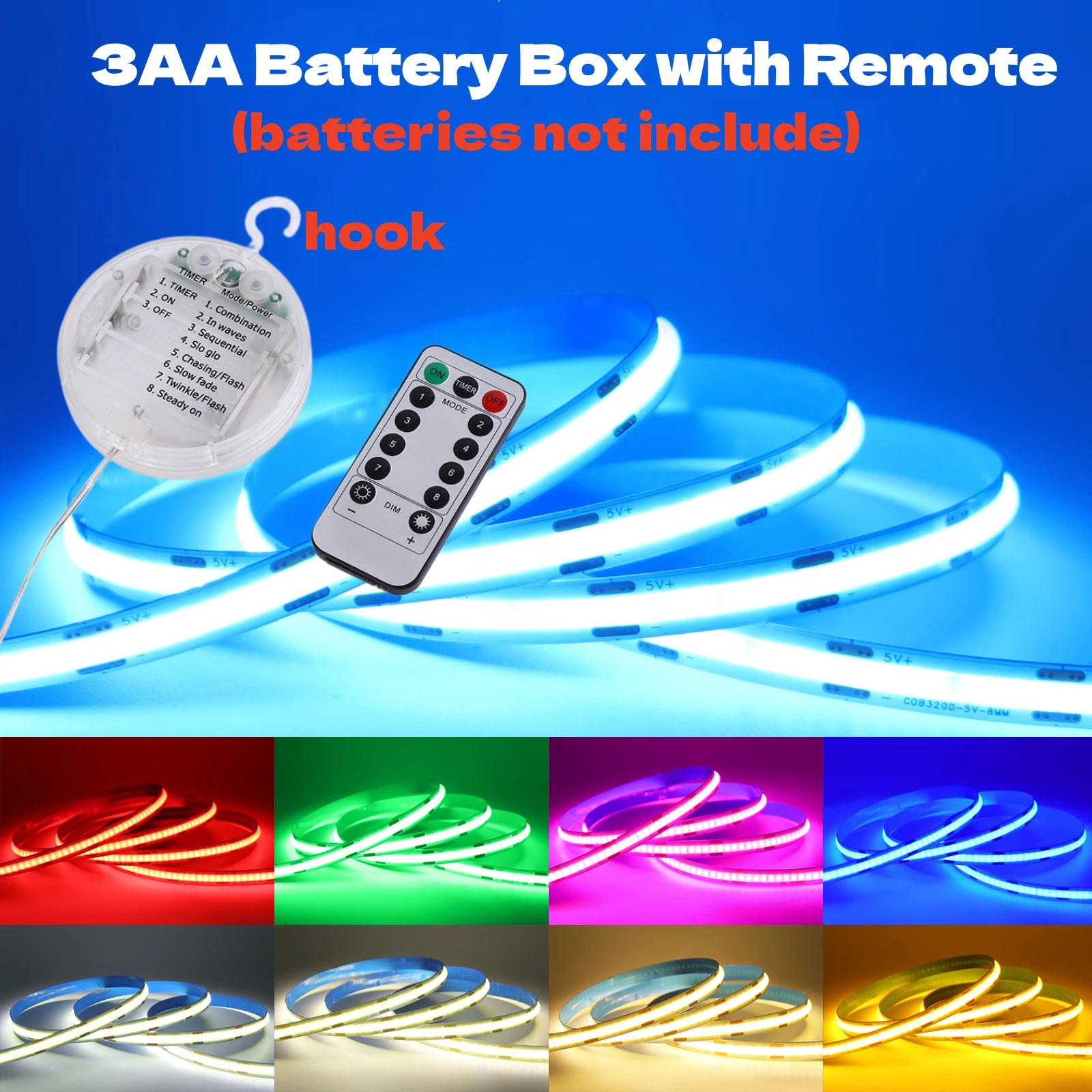 

﻿ 5V 8MM COB LED Strip 320Leds/m Flexible LED Lights Room Decor 3AA Battery Powered 8 Mode Ribbon Diode Tape 3000K 4000K 6000K