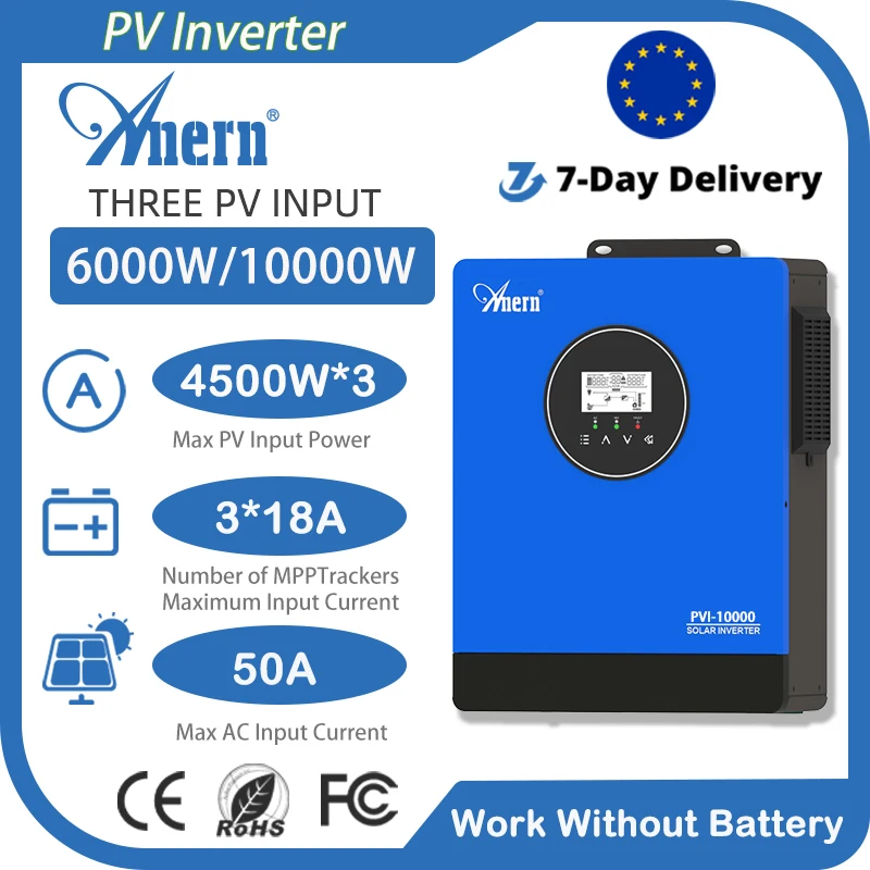 Anern 10000W 6000W Solar PV Inverter 230V Three MPPT 18A Input Current WIith WiFi Work Without Battery for Pumps Solar System EU