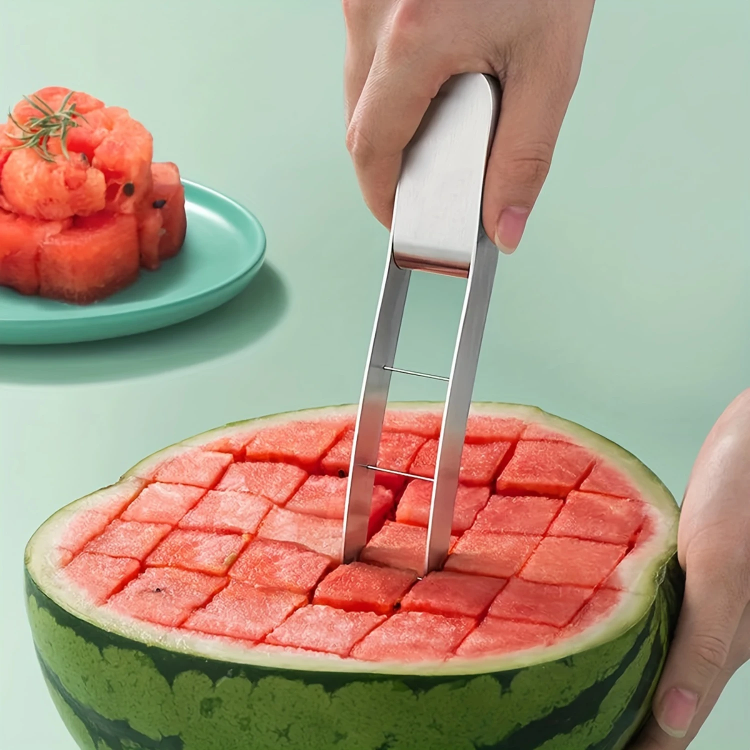 

Quick and Safe Watermelon Cutter - Stainless Steel Cube Cutter for Fruit Salad and Melon - Kitchen Gadget and Accessory for Easy