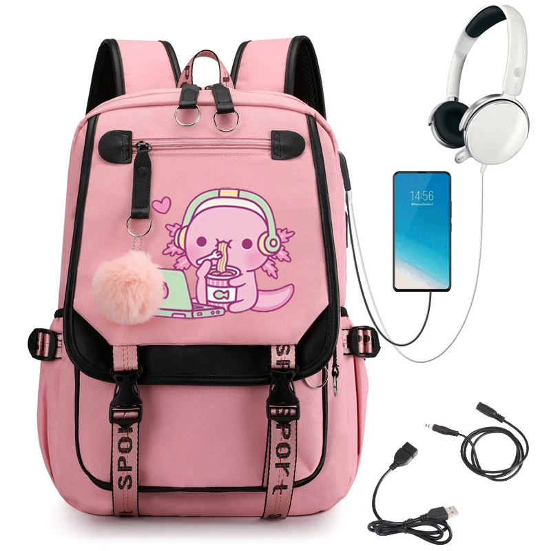 Backpack School Bag Girl Back Pack Children Teenager Female Schoolbag Cute Axolotl Loves Instant Noodles Anime Primary Bagpacks