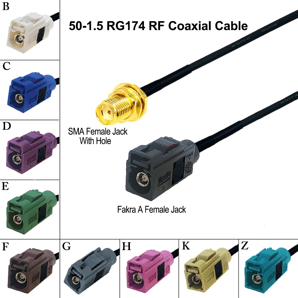 

10 CM~15 M RG-174 Fakra A/B/C/D/E/F/G/H/I/K/Z Female to SMA Female Jack Connector 50ohm RF Coaxial Cable For GPS Antenna Systems