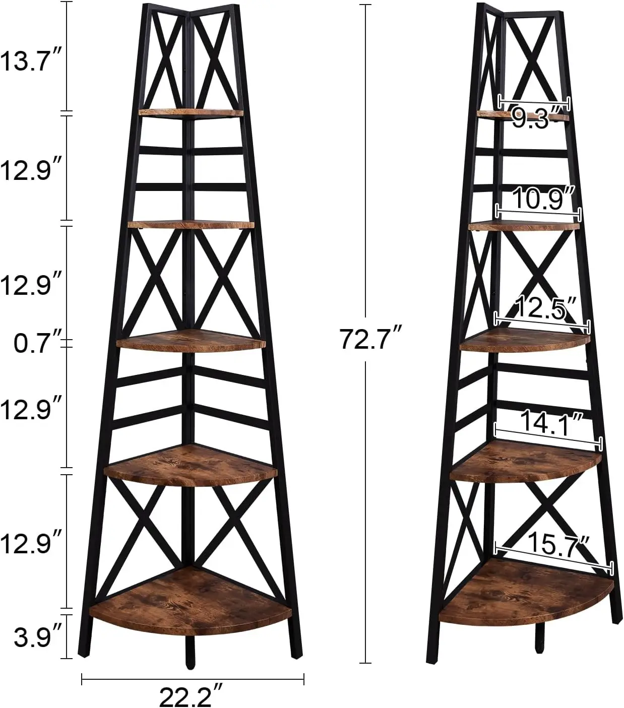 Estantería de esquina con soporte de Metal para sala de estar, estantería de esquina alta de 72 pulgadas, 5 niveles