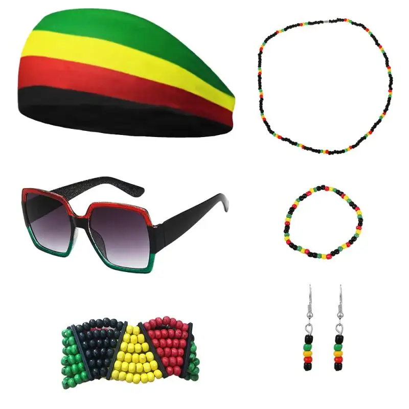 7 Jamaican Ladies Jewelry Set Rasta Headband Oversized Square Sunglasses Rasta Beaded Bracelet Is Suitable For Ladies And Girls