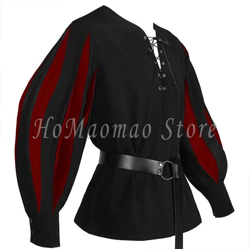 Medieval Shirt Men's Nordic Pirate Costume Colored Tie Up Collar Role Playing Top Vampire Victoria Steampunk Gothic Top