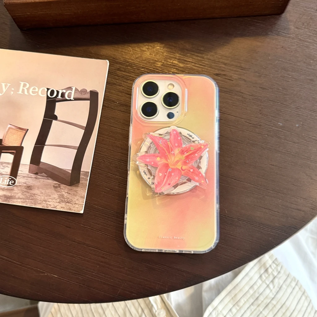 

Мечтательный цветной градиент со звездами и цветком лилии с держателем, магнитный чехол для телефона с беспроводной зарядкой для iPhone 16, 15, 14, 13 Pro Max