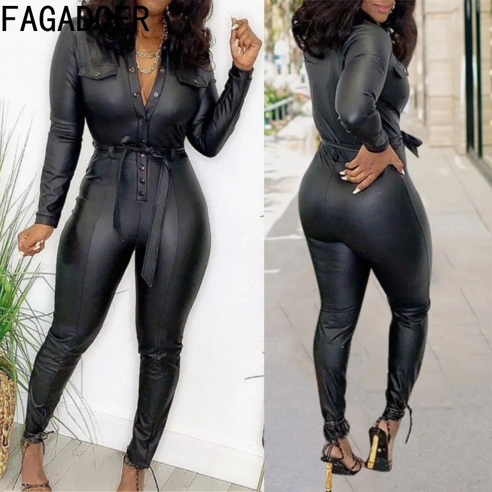 

FAGADOER Sexy Leather Bodycon Jumpsuit Women Black Buttons Bandage Patchwork One Piece Rompers Female Streetwear Overalls 2025