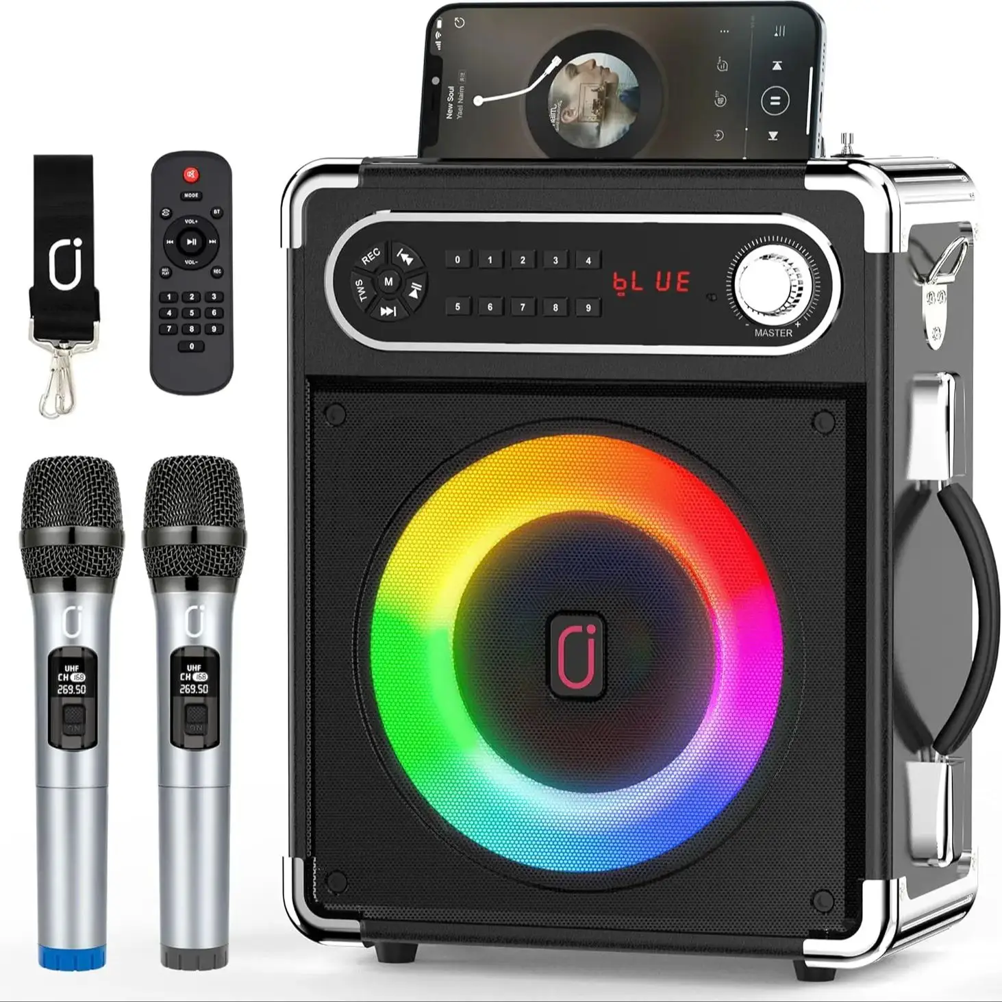 

High-Power Karaoke Outdoor Subwoofer, Karaoke Bluetooth Speaker Music Rhythm Light 360-Degree Stereo Surround Wireless Subwoofer with Dual Wireless Bluetooth Microphone
