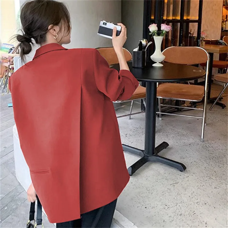 เสื้อสูทลำลองสไตล์สตรีททรงตรง แขนยาว กระดุมเดี่ยว สีพื้น ผ้าโพลีเอสเตอร์ สำหรับฤดูใบไม้ผลิและฤดูใบไม้ร่วง