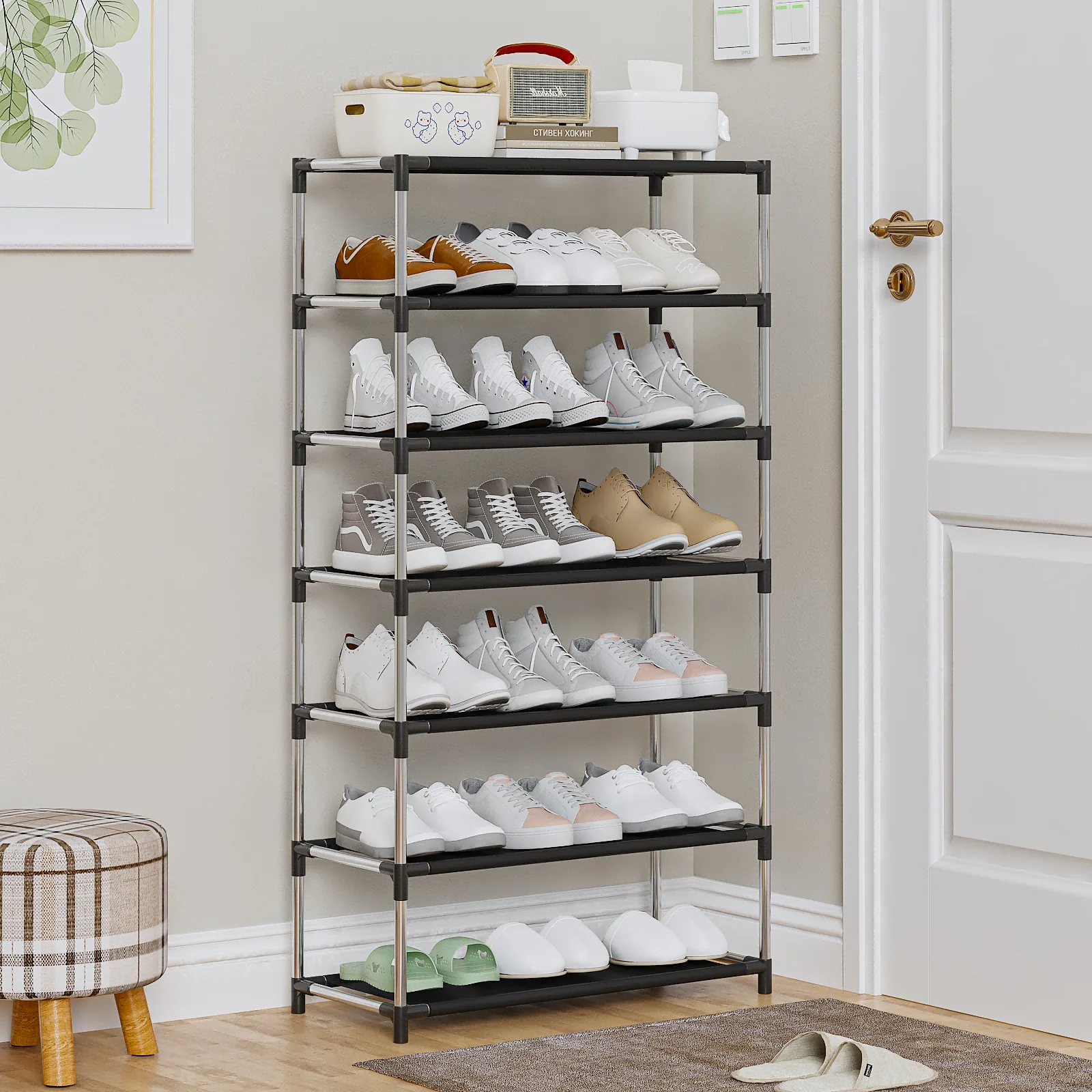 Household Stylish Shoe Rack Metal Shoe Shelf Footwear Organizer Stand Holder Space-saving Black Shoe Shelf For Living Room