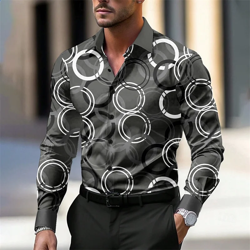 Fashion Gradient Men\'s Round Formal Shirt Button Shirt Long Sleeve Business Casual Everyday Autumn New Lapel Shirt 3D Print Tops