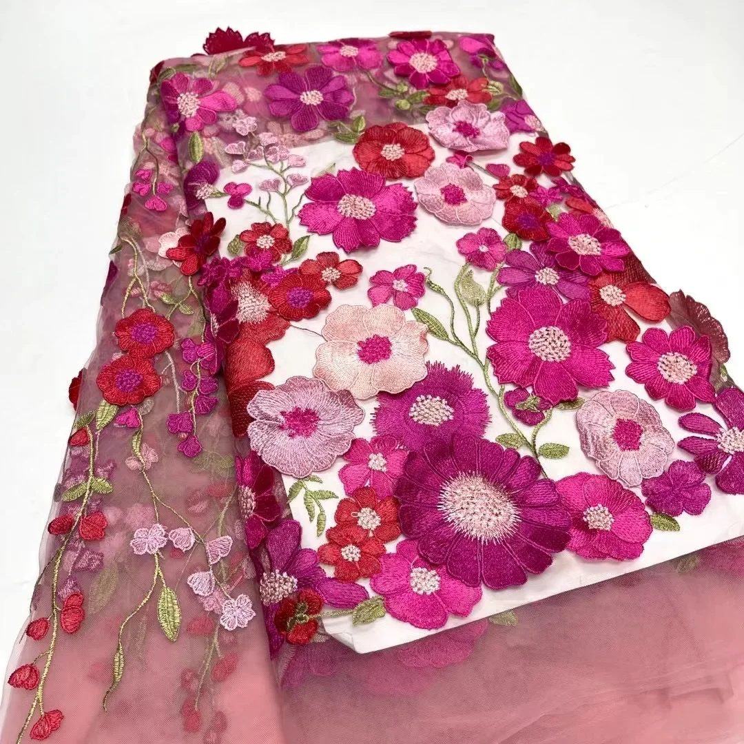 Luxe Afrikaanse 3d Bloem Kant Stof 2024 Hoge Kwaliteit Geborduurde Nigeriaanse Kant Stoffen 5 Yards Voor Vrouwen Feestjurk Mhy5435