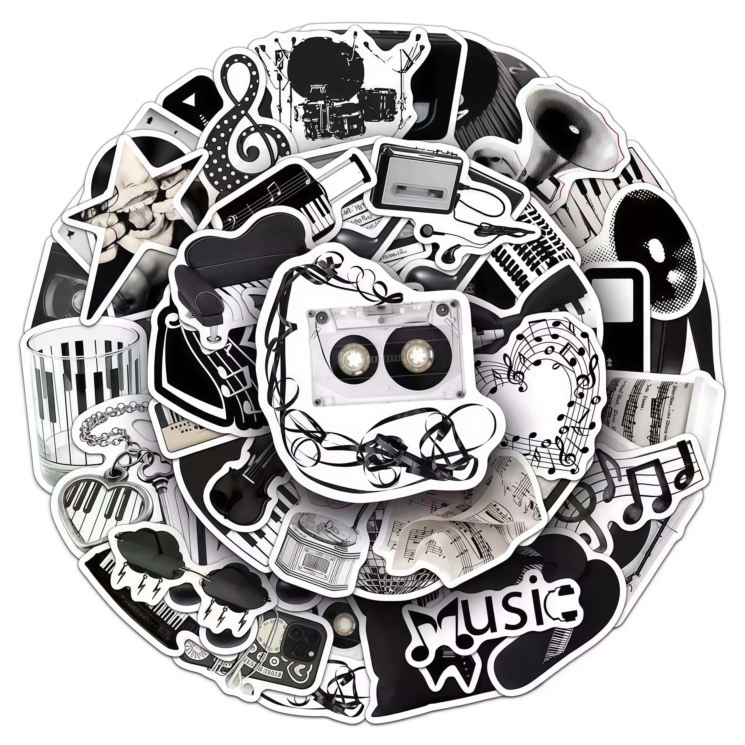 50Pcs Black White Musical Instrument Stickers, Vintage Vinyl Guitar Piano Note Decals for Laptop Skateboard Water Bottle DIY