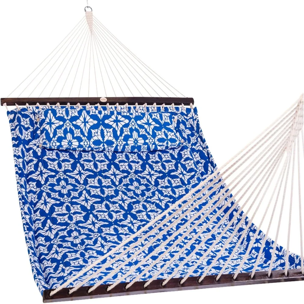 12 FT Quilted Fabric Hammocks with Spreader Bar, 2-Person Double Hammock with Chains and Pillow, Outdoor，for Outside Patio Beach