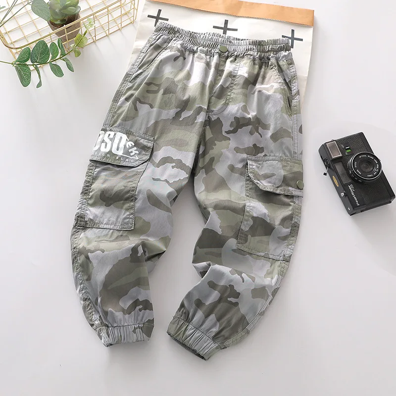 IYEAL 2023 Summer Children's Elastic Cotton Casual Pants Children's Pants Ultra Thin Boys' Camouflage Cargo Pants