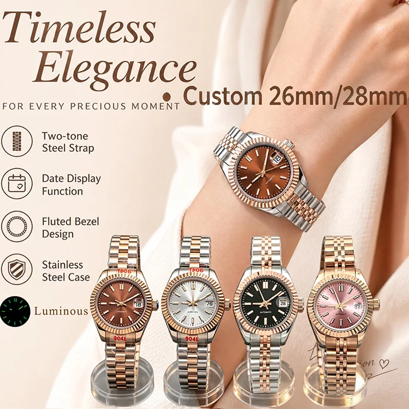 BLIGER Customized 26mm28mm Luminous Lady's Watch Two-Tone Rose Stainless Steel Jubilee Bracelet Sapphire Crystal Waterproof Date