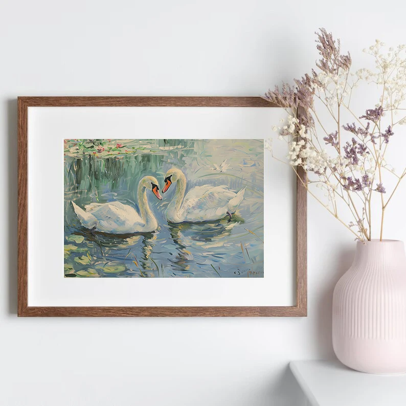 Antique Pastel White Swan Lotus Vintage Animals Artwork Poster Canvas Painting Wall Art Pictures Home Country Farmhouse Decor