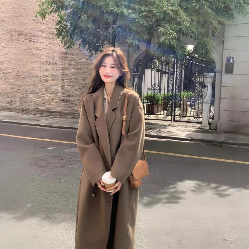 

пальто из шерстяной ткани, женское осенне-зимнее новое модели, длинное пальто в корейском стиле, свободное темпераментное пальто из шерстяной ткани премиум-класса