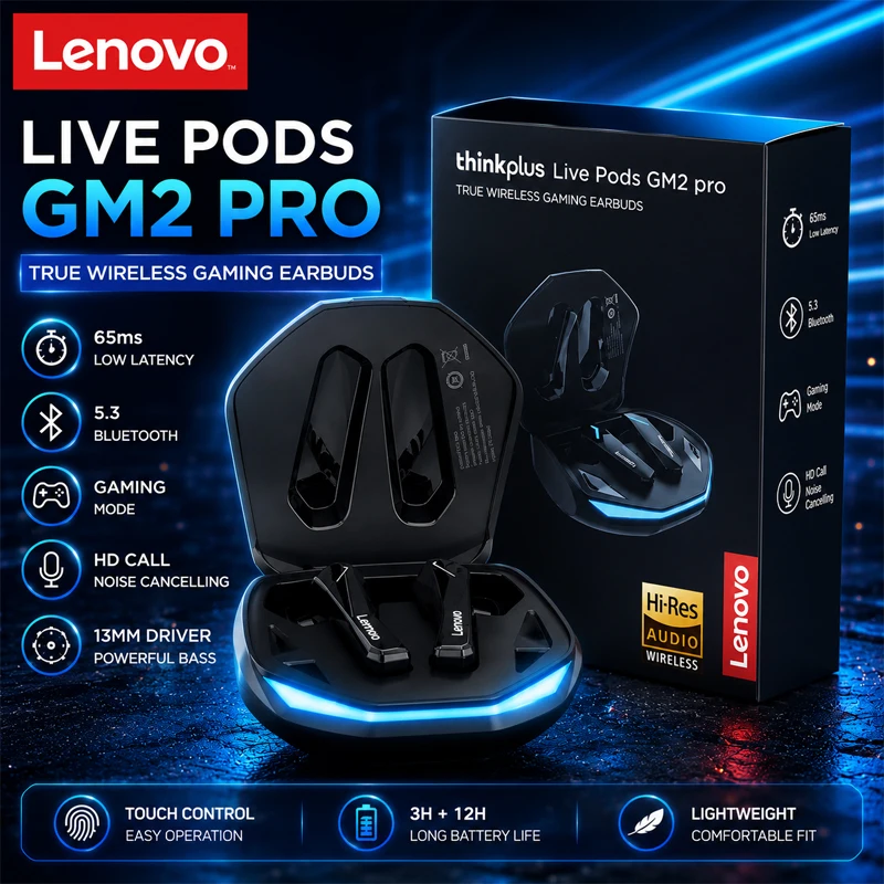 Fones de Ouvido Bluetooth 5.4 Lenovo GM2 Pro, Headset Esportivo Sem Fio, Fones de Ouvido Intra-auriculares para Jogos com Baixa Latência e Modo Duplo para Música, Novo